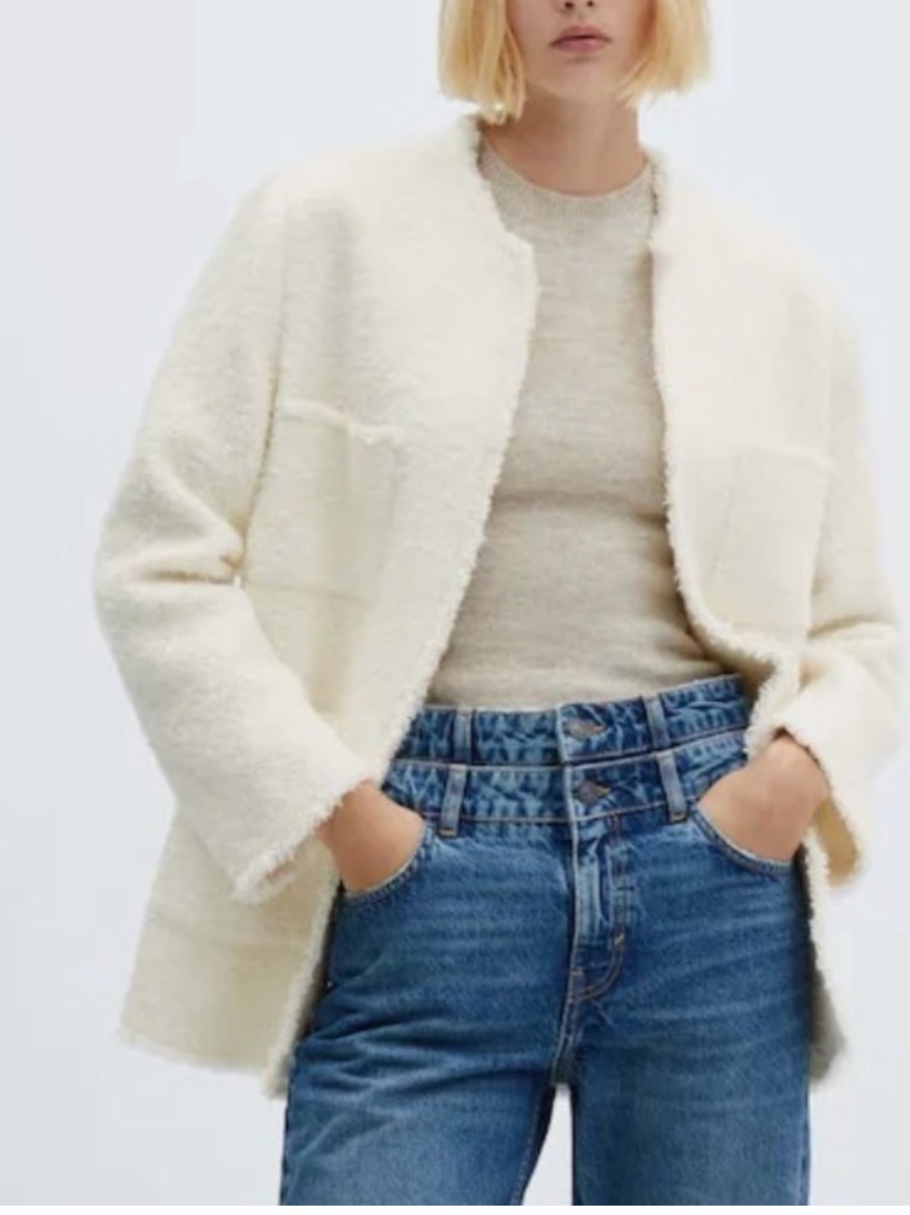 Mango Judy Ivory Italian Wool Blend Colarless Jacket with pockets